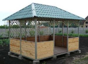 gazebo made of profile pipe on a foundation