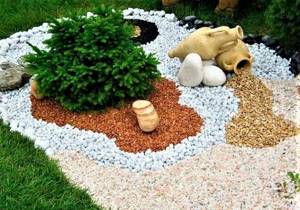Different types of crushed stone in flowerbed design